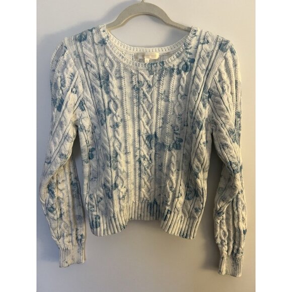 LoveShackFancy Sweaters - LoveShackFancy white blue floral cable knit puff sleeve sweater S cottagecore